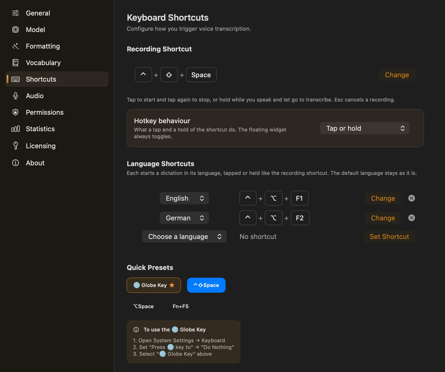 Altypist's Shortcuts settings: the recording shortcut Control-Shift-Space, the hotkey behaviour set to Tap or hold, language shortcuts for English and German, and presets for the Globe key, Control-Shift-Space, Option-Space and Fn-F5.